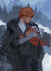  1boy aged_down black_capelet black_coat black_vest capelet castle character_request check_character closed_eyes coat dual_persona ecler_ecler genshin_impact gloves grabbing_another&#039;s_head hands_in_another&#039;s_hair highres hug leaning_on_person orange_hair painterly popped_collar red_scarf scarf shirt short_hair tartaglia_(genshin_impact) vest white_gloves white_shirt 