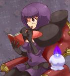  1girl bob_cut book dress elite_four glasses gloves irouha litwick pantyhose pen pokemon pokemon_(creature) pokemon_(game) pokemon_bw purple_hair round_glasses shikimi_(pokemon) short_hair violet_eyes writing 