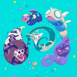  absurdres arbok blue_background chinese_zodiac closed_eyes confetti dudunsparce full_body highres kinokorin no_humans open_mouth pokemon pokemon_(creature) red_eyes sandaconda serperior seviper signature simple_background year_of_the_snake zygarde zygarde_core 