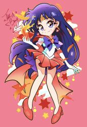  1girl back_bow bishoujo_senshi_sailor_moon bishoujo_senshi_sailor_moon_supers black_hair bow bowtie brooch choker earrings elbow_gloves fire gem gloves happynaru23 heart heart_brooch highres hino_rei jewelry looking_at_viewer magical_girl purple_bow purple_bowtie pyrokinesis red_brooch red_gemstone red_sailor_collar red_skirt sailor_collar sailor_mars sailor_senshi_uniform shirt six_pointed_star skirt smile solo star_(symbol) star_choker star_earrings sun super_sailor_mars violet_eyes white_gloves white_shirt 