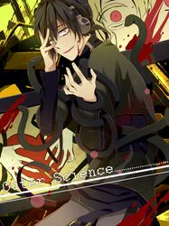  1boy 1girl black_hair blood copyright_name hands headphones heart highres jiman kagerou_project konoha_(kagerou_project) mary_(kagerou_project) open_mouth outer_science_(vocaloid) red_eyes scarf short_hair smile snake tears yellow_eyes 