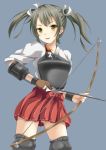  1girl bow_(weapon) fuku_d hair_ribbon japanese_clothes kantai_collection long_hair looking_at_viewer muneate personification ribbon simple_bakcground single_glove smile solo twintails weapon zuikaku_(kantai_collection) 