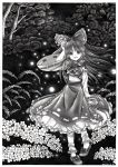  1girl ankle_socks artist_name ascot bow cherry_blossoms dated detached_sleeves fireflies hair_bow hakurei_reimu hand_on_own_head highres long_hair looking_at_viewer midriff monochrome mosho navel nib_pen_(medium) open_mouth petticoat skirt skirt_set solo touhou traditional_media tree 