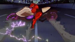  1girl absurdres akira_slide arm_cannon armor assault_visor commentary dessert drifting english_commentary food highres highway looking_at_viewer metroid metroid_prime_4:_beyond motor_vehicle motorcycle power_suit_(metroid) purple_visor samus_aran shoulder_armor signature solo starlett vi-o-la vi-o-la_suit weapon 