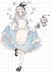  2girls :o alice&#039;s_adventures_in_wonderland alice_(alice_in_wonderland) alice_(alice_in_wonderland)_(cosplay) alternate_costume apron black_hairband black_shoes blue_dress blue_eyes blue_ribbon blush braid card chibi chibi_inset commentary cosplay dotted_line dress flower frilled_apron frills gakuen_idolmaster grey_hair grid_background hair_ribbon hairband half_up_braid highres idolmaster juliet_sleeves katsuragi_lilja long_sleeves mary_janes mimiss_33 multiple_girls pantyhose petticoat playing_card puffy_sleeves ribbon ribbon_braid rose running shoes short_hair sweatdrop tsukimura_temari white_apron white_pantyhose white_rabbit_(alice_in_wonderland) white_rabbit_(alice_in_wonderland)_(cosplay) 