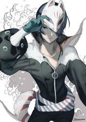  1boy absurdres belt black_jacket black_pants blue_belt blue_eyes blue_gloves blue_hair closed_mouth collarbone commentary_request cowboy_shot fox_(persona_5) fox_mask fox_tail gloves hair_over_one_eye hand_up hareruya_(smomo2227) highres holding holding_mask jacket kitagawa_yuusuke long_sleeves looking_at_viewer mask multicolored_jacket pants persona persona_5 removing_mask short_hair solo striped_belt tail twitter_username two-tone_belt two-tone_jacket white_background white_belt white_jacket white_mask 