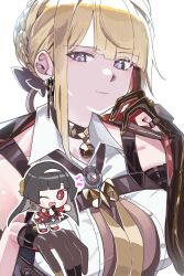  2girls a_little_scale absurdres arm_strap astra_yao black_coat black_hair blonde_hair bug chest_harness closed_mouth coat coat_on_shoulders collar dress earrings elbow_gloves evelyn_chevalier gloves half_gloves harness highres jewelry light_smile looking_at_another looking_down microphone moth multiple_girls necktie one_eye_closed open_mouth red_dress red_eyes red_shoes ring_hair_ornament shirt shoes single_elbow_glove single_half_glove sticker white_background white_shirt yellow_necktie zenless_zone_zero 