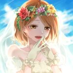  1girl alternate_costume bridal_veil bride brown_eyes brown_hair dress flower gloves hair_flower hair_ornament head_wreath lowres mimori_(mikami) open_mouth petra_ral shingeki_no_kyojin short_hair sky smile solo veil wedding_dress white_gloves 