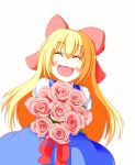  1girl ^_^ blonde_hair blush bouquet bow closed_eyes flower hair_bow konbini@7-23 long_hair open_mouth pink_rose ribbon rose shanghai_doll simple_background skirt skirt_set solo touhou white_background 