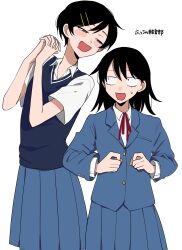 2girls absurdres black_hair blazer blue_jacket blue_skirt blue_sweater_vest blush_stickers collared_shirt commentary copyright_name drooling futsuu_no_keion-bu green_eyes hair_ornament hairpin hands_up hatono_chihiro highres interlocked_fingers jacket kouyama_rin lapels long_sleeves looking_at_another medium_hair mouth_drool multiple_girls nasu_bacon neck_ribbon notched_lapels open_mouth own_hands_clasped own_hands_together pixie_cut pleated_skirt red_ribbon ribbon sanpaku school_uniform shirt short_hair short_sleeves simple_background skirt sweatdrop sweater_vest white_background white_shirt 