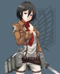  1girl adjusting_scarf belt black_eyes black_hair highres jacket looking_at_viewer mikasa_ackerman scarf seven_(11) shingeki_no_kyojin short_hair solo sword thigh_strap three-dimensional_maneuver_gear weapon 