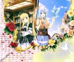  2girls bird blonde_hair blue_eyes book building dove dress error flower frills gothic_lolita hairband highres jewelry key kyaro_(kyaro54) lolita_fashion long_hair multiple_girls necklace pouch rose short_hair side_ponytail sky 