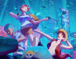  1girl 2boys bag banknote black_hair breasts building city city_lights cityscape devil_fruit_power driving elasticity english_commentary extendable_limbs green_hair hat holding holding_bag jolly_roger looking_up medium_breasts midriff_peek miniskirt money money_bag monkey_d._luffy motor_vehicle motorcycle multiple_boys nami_(one_piece) navel night night_sky one_piece open_clothes open_mouth open_vest orange_hair outdoors razel_v0 red_vest roronoa_zoro shirt short_hair skirt sky straw_hat straw_hat_pirates straw_hats_jolly_roger vest white_shirt 