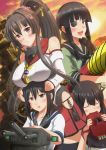  4girls akagi_(kantai_collection) bangs black_eyes black_hair blunt_bangs breast_rest breasts breasts_on_head brown_hair clouds detached_sleeves eating eyepatch fubuki_(kantai_collection) hair_ornament hairband kantai_collection kitakami_(kantai_collection) looking_at_viewer multiple_girls nontraditional_miko personification pleated_skirt rinc7600 skirt sky solo sunset uchuu_senkan_yamato yamato_(kantai_collection) 