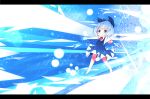  1girl akisha blue_eyes blue_hair bow cirno dress hair_bow highres ice ice_wings open_mouth short_hair short_sleeves smile solo touhou wings 