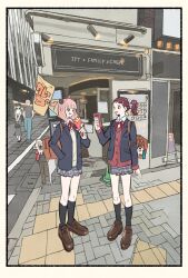  1boy 3boys aged_up ahoge anya_(spy_x_family) bag becky_blackbell black_hair black_jacket black_socks blonde_hair blue_pants bond_(spy_x_family) brown_hair brown_shoes cardigan cobblestone collared_shirt crepe food food_on_face full_body grey_skirt hair_ornament hairclip hairpods hand_in_pocket highres holding holding_crepe holding_food holding_phone jacket loafers long_skirt medium_hair multiple_boys neck_ribbon open_mouth pants phone pink_hair plaid_clothes plaid_skirt pleated_skirt ponytail red_cardigan red_ribbon ribbon school_uniform shirt shoes shoulder_bag skirt socks spy_x_family standing storefront suit_jacket takeuchi_ryousuke twilight_(spy_x_family) v_arms walking white_shirt yor_briar 