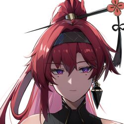  1girl absurdres black_hairband circle_facial_mark closed_mouth commentary earrings hair_between_eyes hair_intakes hair_ornament hair_stick hairband high_ponytail highres jewelry katsuyamamage long_hair mark_under_both_eyes petchi1999 pointy_ears ponytail portrait red_hair simple_background single_earring solo violet_eyes white_background wuthering_waves yinlin_(wuthering_waves) 