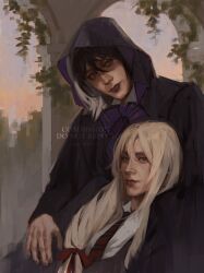  2boys arch black_hair black_vest blonde_hair brown_eyes cloak ecler_ecler edgar_redmond gregory_violet hand_on_another&#039;s_arm head_tilt highres hood hood_up hooded_cloak kuroshitsuji leaning_on_person looking_at_viewer male_focus multiple_boys necktie plant purple_necktie red_necktie ribbon school_uniform shirt short_hair upper_body vest vines violet_eyes white_shirt 