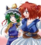  2girls belt blue_eyes blush breasts cleavage collarbone epaulettes flying_sweatdrops gradient gradient_background green_hair hair_bobbles hair_ornament hand_behind_head hat holding_arm layered_dress looking_at_viewer multiple_girls onozuka_komachi open_mouth redhead rod_of_remorse shiki_eiki short_hair simple_background skirt skirt_set touhou twintails unya 