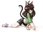  1boy 2013 ahoge all_fours animal_ears artist_name artist_self-insert bike_shorts black_eyes brown_hair cat_ears cat_tail eyelashes hoodie long_hair midriff original reavz shoes skindentation sneakers socks solo tail trap 