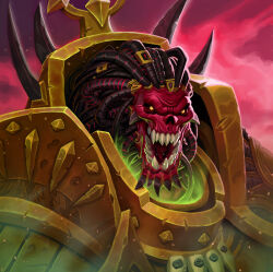  1boy absurdres angron armor breastplate butchers_nails cable chaos_(warhammer) demon demon_primarch full_armor glowing gold_armor gorget hair_tubes highres lionsden looking_at_viewer ornate_armor power_armor primarch scar scar_on_face warhammer_40k world_eaters 