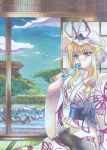  1girl alternate_costume animal_on_lap blonde_hair blue_sky breasts cat clouds drinking east_asian_architecture hat hat_ribbon japanese_clothes kimono long_hair looking_at_viewer marker_(medium) mixed_media mob_cap obi pond ramune ribbon rock sarya8528 sky sliding_doors solo tatami touhou traditional_media tree violet_eyes yakumo_yukari yukata 