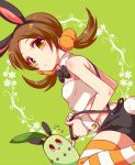  1girl animal_ears bare_shoulders bowtie brown_eyes brown_hair bunny_tail bunnysuit chikorita detached_collar green_background hair_bobbles hair_ornament irouha kotone_(pokemon) looking_at_viewer midriff pokemon pokemon_(creature) pokemon_(game) pokemon_hgss rabbit_ears solo_focus striped striped_legwear suspenders tail thighhighs twintails wrist_cuffs 