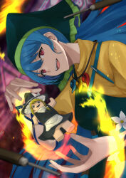  1girl absurdres apron black_hat black_skirt black_vest blonde_hair blue_hair blurry blurry_background bow braid character_doll commentary_request depth_of_field doll fire flower green_apron green_headscarf haniwa_(statue) haniyasushin_keiki hat hat_bow head_tilt headscarf highres jewelry long_hair magatama magatama_necklace nagato_tsumugu necklace open_mouth pen pocket red_eyes sacabambaspis shirt single_braid skirt smile solo statuette teeth tools touhou triangle_mouth upper_body upper_teeth_only vest white_apron white_bow white_flower white_shirt witch_hat yellow_shirt 
