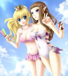  2girls bikini bikini_skirt blonde_hair blue_eyes brown_hair can casual_one-piece_swimsuit crown highres long_hair multiple_girls nintendo one-piece_swimsuit pointy_ears ponytail popsicle princess_peach princess_zelda soda_can super_mario_bros. swimsuit the_legend_of_zelda v yuino_(fancy_party) 