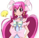  1girl bow choker cosplay creature cure_echo cure_echo_(cosplay) cure_happy earrings frills fuu-chan_(precure) hair_ribbon hands_on_hips haru_(nature_life) hoshizora_miyuki jewelry long_hair magical_girl pink_eyes pink_hair precure precure_all_stars_new_stage:_mirai_no_tomodachi ribbon skirt smile smile_precure! twintails white_background 