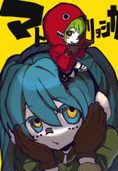  aqua_hair blue_eyes blue_hair chibi gloves green_hair gumi hatsune_miku headphones highres hood hoodie long_hair looking_at_viewer matryoshka_(vocaloid) multiple_girls octopachi open_mouth red_hoodie short_hair smile twintails very_long_hair vocaloid yellow_background 