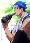 blue_hair bottle drinking fate/stay_night fate_(series) lancer long_hair ponytail red_eyes sexy44 shirtless sweat towel_around_neck 