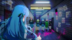  6+girls absurdres bang_dream! bang_dream!_it&#039;s_mygo!!!!! birthday1730225 black_shirt black_socks blazer blood blue_hair brown_hair chinese_commentary closed_mouth commentary_request crossed_arms crychic_(bang_dream!) green_jacket green_ribbon green_skirt grey_hair grey_neckerchief hair_ribbon hanasakigawa_school_uniform haneoka_school_uniform highres holding_hands indoors jacket kneehighs long_hair multiple_girls nagasaki_soyo neckerchief pink_blood pleated_skirt poster_(object) purple_hair purple_skirt ribbon sailor_collar school_uniform shiina_taki shirt short_hair skirt socks takamatsu_tomori the_exit_8 togawa_sakiko tsukinomori_school_uniform two_side_up wakaba_mutsumi white_sailor_collar 