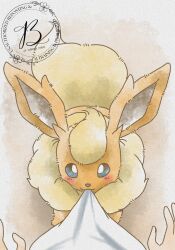  1other animal_focus baya_(sakura_mint) blue_eyes blush closed_mouth clothes_in_mouth flareon highres mouth_hold neck_fur orange_fur pokemon pokemon_(creature) pokemon_focus pov shirt shirt_in_mouth smile solo_focus tail white_shirt yellow_fur 