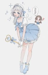  ! 2girls alternate_costume bare_legs beret blue_choker blue_dress blue_eyes blue_ribbon blue_shoes braid breasts chibi chibi_inset choker collarbone commentary_request detached_wings dress gakuen_idolmaster gloves grey_hair hair_ribbon half_up_braid hat highres holding holding_wand idolmaster katsuragi_lilja kuramoto_china leaning_forward looking_at_viewer magical_girl mimiss_33 multiple_girls platform_shoes ribbon ribbon_braid shirt shoes short_sleeves simple_background small_breasts sparkle sparkling_eyes speech_bubble translation_request wand white_gloves white_hat white_shirt white_wings wings 