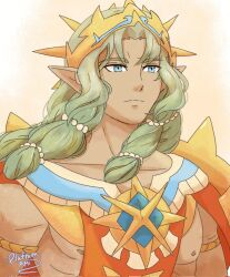  1boy blue_eyes character_request closed_mouth commentary crown fire_emblem fire_emblem:_fortune&#039;s_weave green_hair highres long_hair male_focus nipples platinum_ami pointy_ears solo upper_body 