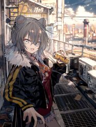  1girl air_conditioner animal_ear_piercing animal_ears black_jacket black_nails blue_hair blue_sky clouds colored_inner_hair commentary_request cowboy_shot cup factory fingernails fur-trimmed_jacket fur_trim grey_hair highres holding holding_cup indie_virtual_youtuber jacket long_hair long_sleeves looking_at_viewer multicolored_hair nail_polish open_mouth outdoors red_shirt sasaboshi_nero sharp_fingernails shirt shorts sky skyline smile solo torn_clothes torn_shorts virtual_youtuber watakokyu 