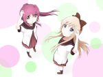  2girls black_legwear blonde_hair blue_eyes foreshortening looking_at_viewer multiple_girls purple_hair school_uniform serafuku shoes sugiura_ayano toshinou_kyouko u-ai v violet_eyes yuru_yuri 