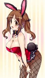  1girl animal_ears breasts brown_eyes brown_hair bunny_tail cleavage highres huge_breasts idolmaster idolmaster_cinderella_girls karasuma_yayoi long_hair looking_at_viewer necktie pantyhose rabbit_ears smile tail totoki_airi twintails 