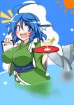 1girl ahoge blue_eyes blue_hair blush fish_tail food head_fins ice_cream japanese_clothes kimono mermaid ocean rindou_(p41neko) solo touhou wakasagihime