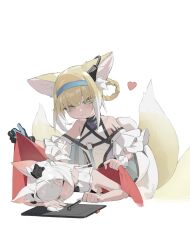  2242592427 2girls animal_ears arknights bare_shoulders black_gloves blanket blonde_hair blue_hairband braid character_request chinese_commentary closed_eyes closed_mouth commentary_request covering_with_blanket drawing_tablet frills gloves green_eyes hair_ornament hair_rings hairband heart highres holding holding_blanket looking_at_viewer material_growth medium_hair multicolored_hair multiple_girls multiple_tails oripathy_lesion_(arknights) short_hair simple_background single_glove sleeping smile streaked_hair stylus suzuran_(arknights) tail white_background white_hair yellow_tail 