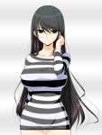  1girl artist_request black_hair breasts collarbone green_eyes highres huge_breasts impossible_clothes long_hair looking_at_viewer original smile solo striped sweater_dress taut_clothes 