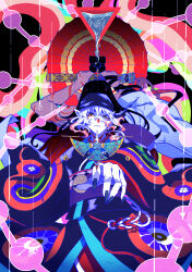  2boys abstract_background absurdres arm_ribbon arm_tattoo arms_up back-to-back bandana black_hair black_nails black_ribbon blue_bandana blue_eyeshadow blue_kimono closed_mouth colored_tips commentary_request dark_skin dual_persona eyeshadow facial_mark fingernails floating floating_object gekijouban_mononoke hair_between_eyes hand_tattoo highres hikimayu holding holding_hands holding_weapon itoshun japanese_clothes kimono kusuriuri_(gekijouban_mononoke) kusuriuri_(shingi)_(gekijouban_mononoke) long_bangs long_fingernails long_hair long_sleeves looking_at_viewer low-tied_medium_hair makeup male_focus medium_hair mononoke multicolored_hair multiple_boys obi oil-paper_umbrella outstretched_arm pale_skin pink_hair pointy_ears pouring purple_sash red_eyeshadow red_umbrella ribbon sash scale_(mononoke) sharp_fingernails sheath single_bare_arm sword_of_exorcism tattoo two-tone_hair umbrella unsheathing water weapon white_hair yellow_eyes 