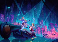  1girl 2boys bag banknote black_hair building car city city_lights cityscape devil_fruit_power driving elasticity english_commentary explosion extendable_limbs full_body green_hair hat holding holding_bag jolly_roger lamppost looking_up miniskirt money money_bag monkey_d._luffy motor_vehicle motorcycle multiple_boys nami_(one_piece) night night_sky one_piece open_clothes open_mouth open_vest orange_hair outdoors razel_v0 red_vest roronoa_zoro shirt short_hair skirt sky straw_hat straw_hat_pirates straw_hats_jolly_roger twitter_username vest white_shirt 