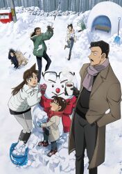  2girls 4boys :d beard_stubble bench black-framed_eyewear black_boots black_hair black_shirt black_shorts blue_eyes blue_pants boots brown_boots brown_coat brown_gloves bucket building_snowman closed_mouth coat edogawa_conan eye_contact facial_hair glasses gloves grey_pants grey_pantyhose grey_scarf hair_slicked_back hand_in_pocket hands_on_own_head highres holding holding_snowball hood hood_down long_hair long_sleeves looking_at_another meitantei_conan morofushi_takaaki mouri_kogoro mouri_ran multiple_boys multiple_girls mustache official_art one_eye_closed open_clothes open_coat open_mouth outdoors pants pantyhose postbox_(outgoing_mail) quinzhee red_gloves red_scarf red_snake scar scar_across_eye scar_on_face scarf shirt short_hair shorts shovel smile snow snow_shelter snow_shovel snowball snowball_fight snowman squatting standing stubble sudou_masatomo teraoka_iwao throwing tree uehara_yui utility_pole white_coat winter_clothes winter_coat winter_gloves wooden_bench yamato_kansuke 