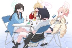  4girls after-school_sweets_club_(blue_archive) airi_(band)_(blue_archive) airi_(blue_archive) animal_ears blonde_hair blue_archive blue_jacket cake cake_slice cat_ears cellphone chair closed_eyes clothes_around_waist eating extra_ears food green_halo halo highres holding holding_carton holding_phone jacket jacket_around_waist kazusa_(band)_(blue_archive) kazusa_(blue_archive) long_hair long_sleeves mask mask_pull mouth_mask multiple_girls nakaoka_ramu natsu_(band)_(blue_archive) natsu_(blue_archive) on_chair open_mouth phone pink_hair red_jacket shirt short_sleeves sitting skirt smartphone surgical_mask tail white_shirt white_skirt yellow_halo yellow_jacket yoshimi_(band)_(blue_archive) yoshimi_(blue_archive) 