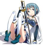  1girl armband blonde_hair blue_hair cape gloves kabane_(follabi) magical_girl mahou_shoujo_madoka_magica miki_sayaka short_hair sitting skirt solo sword weapon 