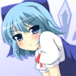  1girl blue_eyes blue_hair blush bow bust cirno frown gradient gradient_background hair_bow looking_at_viewer masiromu ribbon short_hair short_sleeves simple_background solo touhou wings 
