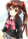  1girl brown_hair iris_yayoi little_busters!! long_hair natsume_rin plaid plaid_skirt ponytail red_eyes school_uniform skirt 