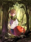 1boy apple blonde_hair blue_eyes blurry depth_of_field elf fantasy food forest fruit grass highres looking_at_viewer mushroom nature original oversized_object pants pointy_ears scarf shirt short_sleeves solo sunlight tree vines xiao_zhangyu 